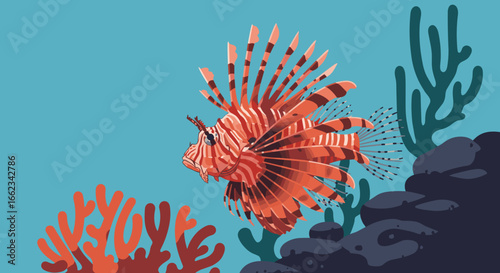Vibrant lionfish swimming among coral reefs in a tropical ocean environment underwater illustration. Vector illustration