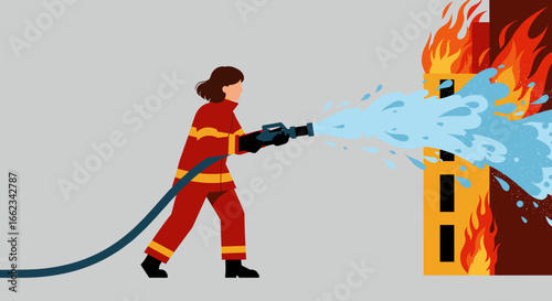 Firefighter extinguishing blaze urban setting illustration emergency response side view fire safety awareness. Vector illustration