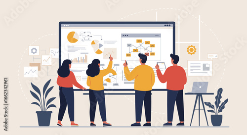 Collaborative data presentation office space digital illustration modern environment group viewpoint teamwork dynamics. Vector illustration