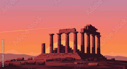 The building is a temple with columns and a large archway. Vector illustration