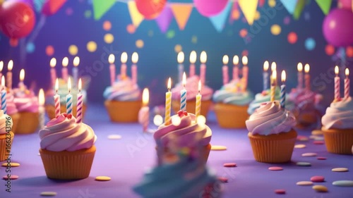 Festive Cupcakes with Lit Candles and Balloons
