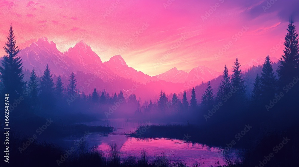 Fototapeta premium Pink and purple sunset over misty mountain lake and forest.