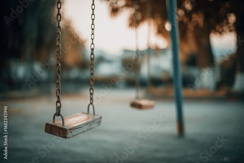 Empty swings at a park at sunset
