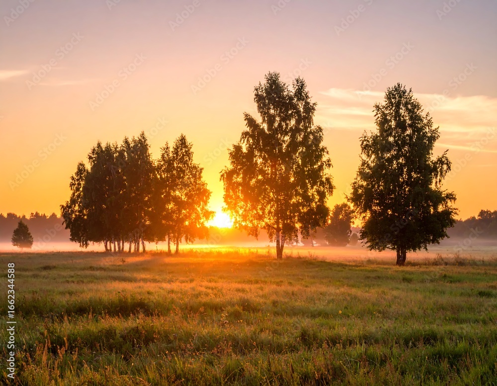 Obraz premium Sunrise through trees in a meadow