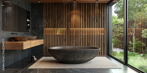 Modern Japanese-style bathroom with wooden partitions and a large soaking tub