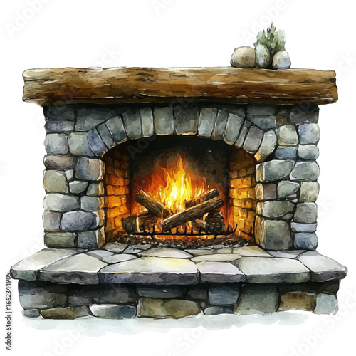 Fireplace Glowing Warmth, watercolor painting vector, isolated on a white background.