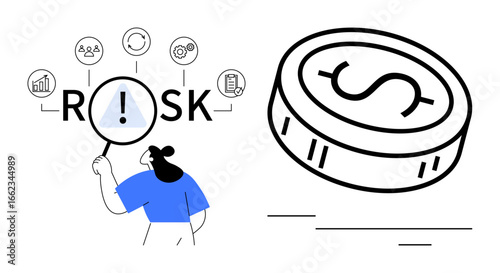 Woman holding magnifying glass analyzing risk factors icons, exclamation mark in focus, dollar coin nearby. Ideal for finance, investment, business strategy, foresight, management, decision-making