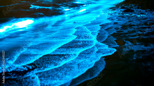 Bioluminescent waves shimmer along the shoreline in New South Wales, Australia, creating a surreal glow in the night.