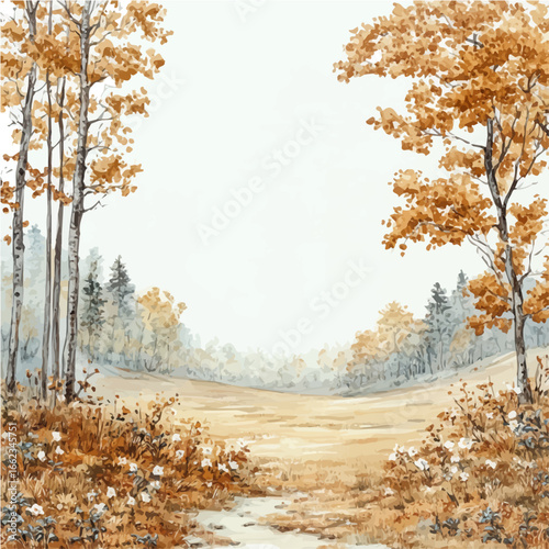 Fall Forest Misty Morning, watercolor drawing vector, isolated on a white background.