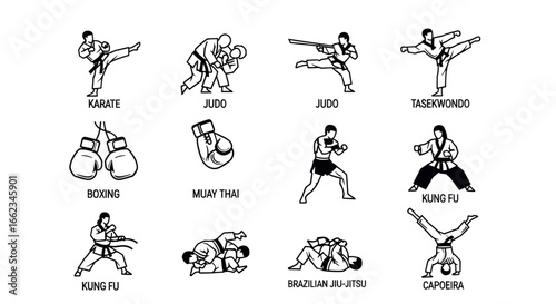 Martial Arts Icons Set - Karate, Judo, Taekwondo, Boxing, Muay Thai, Kung Fu, Brazilian Jiu-Jitsu, Capoeira, Martial Arts Techniques, Combat Sports, Self-Defense