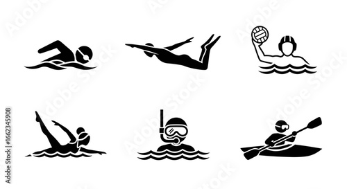 Water Sports Icons Set - Swimming, Diving, Water Polo, Snorkeling, Kayaking, Aquatic Activities, Competitive Swimming, Water Sports, Athletic Training, Fitness, Water Sports Icons