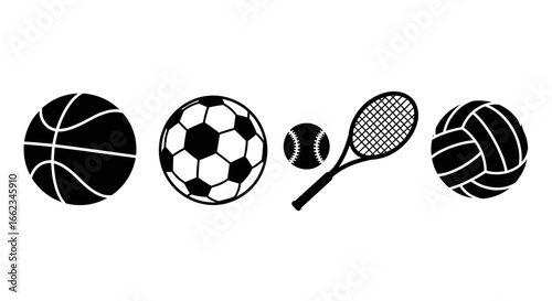 Sports Balls and Equipment Icons Set - Basketball, Soccer, Tennis, Volleyball, and Racquet, Sports Gear, Athletic Equipment, Ball Games, Team Sports, Sports Activities