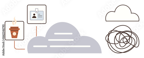 Coffee cup, ID card, abstract cloud, and network lines suggesting teamwork, remote work, data sharing, and connectivity. Ideal for technology, workflow identity communication collaboration