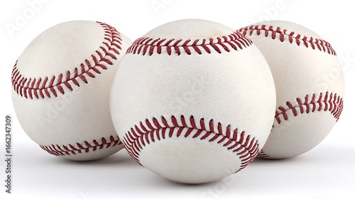 Three White Leather Baseballs with Red Stitching Arranged Together on a White Background