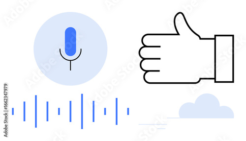 Microphone icon, sound waves, and thumbs-up symbol for voice commands, feedback, and AI applications. Ideal for technology, communication, speech, positivity AI concepts audio apps simple landing