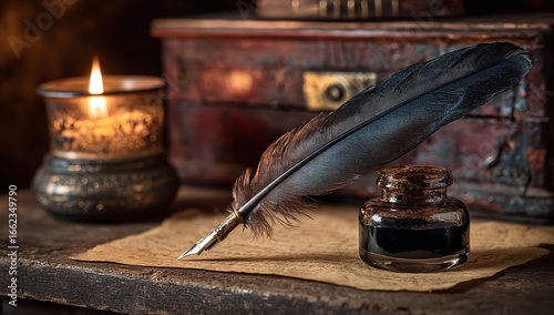 Feather quill and inkwell on old paper with candlelight on vintage writing desk and dark wood chest, beige parchment background