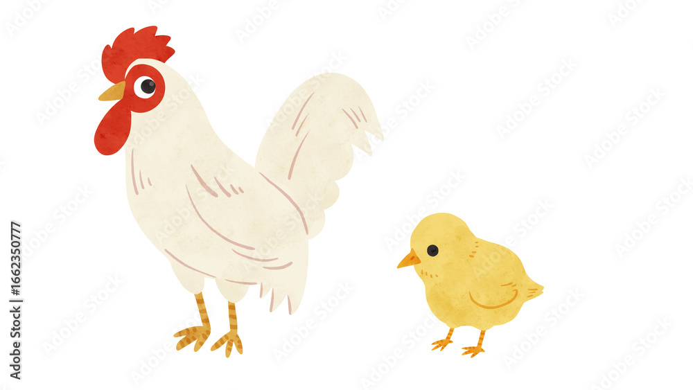 Fototapeta premium にわとり・ひよこの親子セット 水彩風手描きイラスト