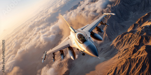 F16 Fighting Falcon flying with high altitude over the desert mountains