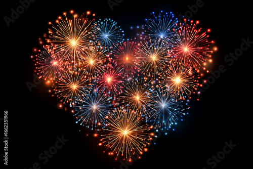 Heart-shaped fireworks display illuminating the night sky, celebrating love and joy