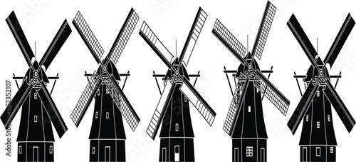 Black and white silhouettes of traditional windmills in a row, vintage architectural vector illustration for design, history, agriculture and decoration