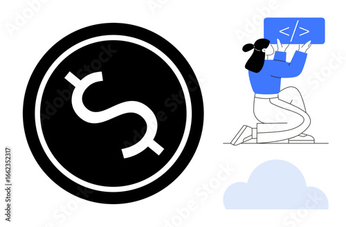 Dollar sign in bold circle, developer coding with screen, cloud at bottom. Ideal for finance, programming, technology, cloud computing, digital economy, innovation simple landing page