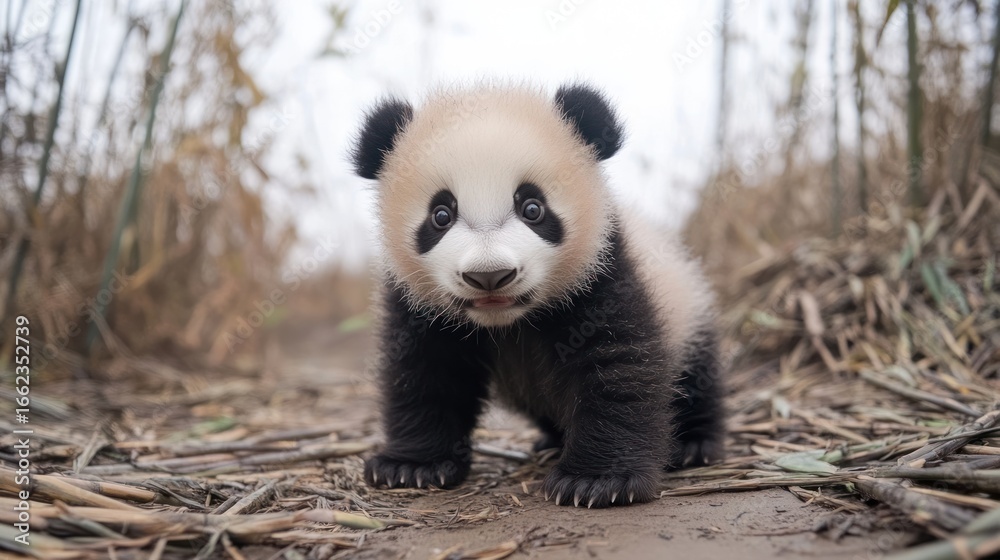 Fototapeta premium Cute panda cub in a bamboo forest