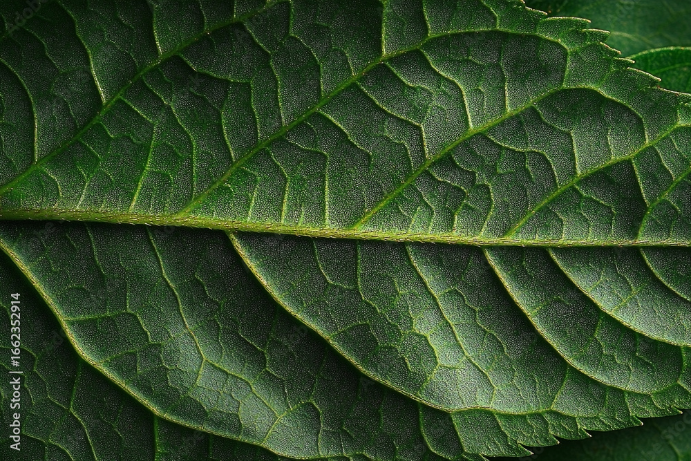 Naklejka premium Extreme Close-Up Macro View of Vibrant Green Leaf Veins and Textured Surface