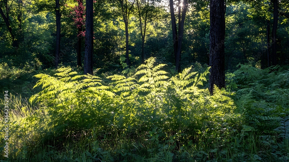 Fototapeta premium Sunlit Ferns in Lush Green Forest Backdrop