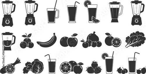 Black on White Juice Bar Silhouettes - Blenders, Glasses, and Fruits