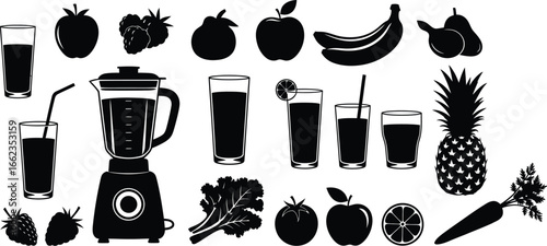 Black on White Juice Bar Silhouettes - Blenders, Glasses, and Fruits