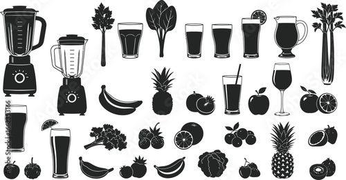 Black on White Juice Bar Silhouettes - Blenders, Glasses, and Fruits