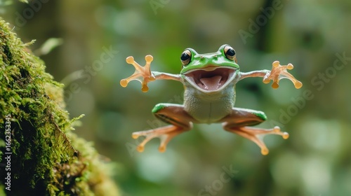A joyful frog leaps in a lush forest