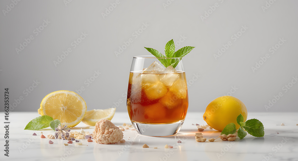 Fototapeta premium Refreshing Iced Tea with Lemon, Mint, and Brown Sugar. Cool Summer Drink with Ingredients on White Background.