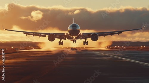 Large jet airplane landing at sunset.  Dramatic clouds fill the sky.  Airport runway