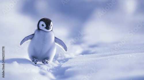 A tiny, fluffy penguin chick waddles across pristine snow. Soft light bathes the scene, highlighting the chick's downy feathers