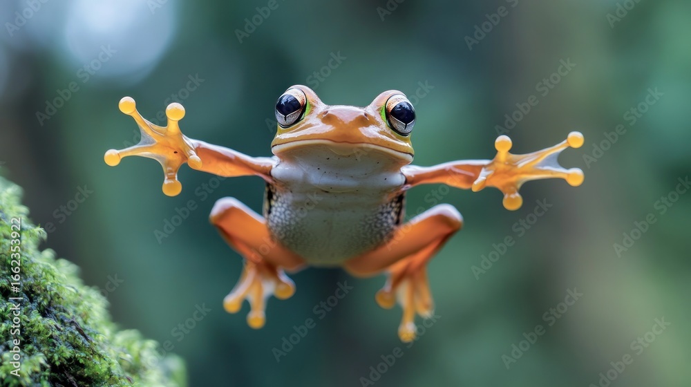 Naklejka premium Small orange frog mid-air, forest background