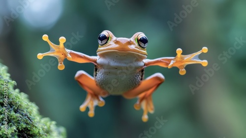 Small orange frog mid-air, forest background