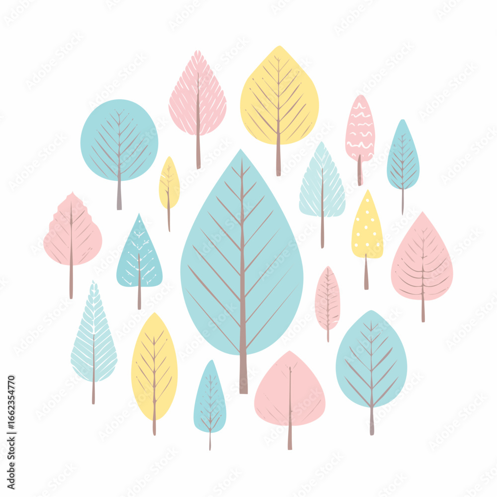 Obraz premium Whimsical vector forest tree collection featuring diverse crown shapes and stylized leaves in soft pastel blue, pink, and yellow hues, ideal for cheerful designs and nature-themed projects.
