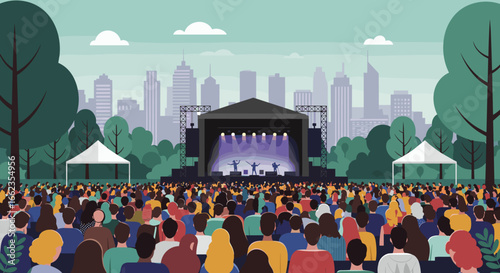 Live music festival urban city digital illustration outdoor venue crowd perspective vibrant atmosphere. Vector illustration