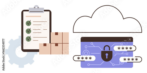 Digital padlock protecting cloud storage, checklist on clipboard, boxes, and gear. Ideal for logistics, cybersecurity, data management, cloud solutions inventory privacy efficient workflow. Simple