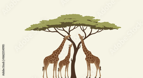Giraffes grazing under acacia trees african savanna illustration natural habitat side view wildlife conservation. Vector illustration