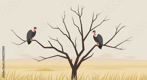 Vultures perched on a bare tree in the african savanna digital illustration natural environment calm view. Vector illustration