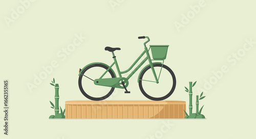 Bicycle display on bamboo stand eco-friendly design showcase minimalist style indoor setting artistic perspective. Vector illustration