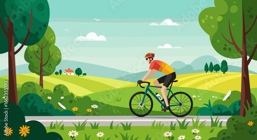 Cycling adventure in serene countryside digital illustration vibrant landscape outdoor scene active lifestyle. Vector illustration