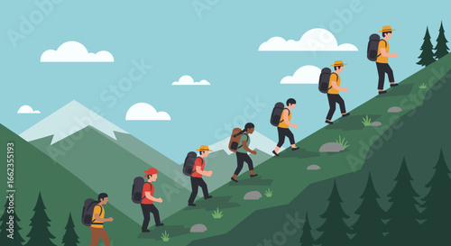 Group of hikers ascending mountain trail nature landscape outdoor adventure scenic viewpoint inspiring journey. Vector illustration