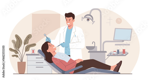Dental checkup action clinic location illustration content type bright environment front viewpoint oral health concept. Vector illustration