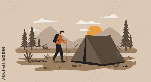 Camping adventure in nature at sunset outdoor activity scenic landscape hiking perspective. Vector illustration