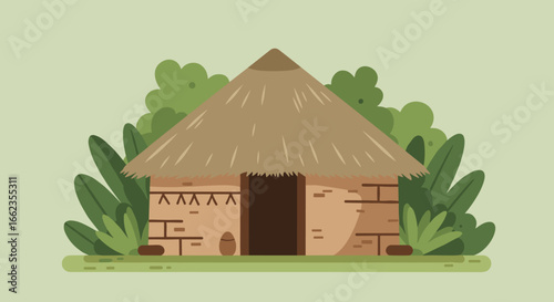 Exploring traditional hut architecture tropical forest digital illustration serene environment front view cultural heritage. Vector illustration