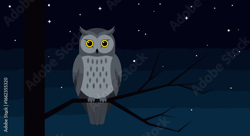 Owl observing the night sky forest digital art calm environment close-up view nature's mystique. Vector illustration