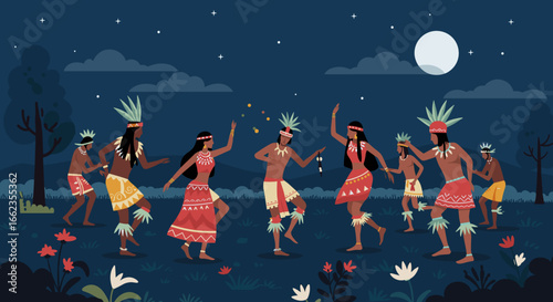 Cultural dance celebration by the moonlight tropical forest illustration nighttime vibrant community spirit. Vector illustration